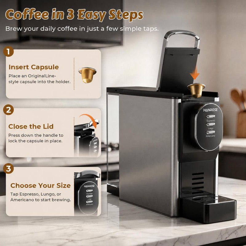 Hanrose Capsule Espresso Machine, Nespresso Machine Original Capsules Compatible, 20Bar