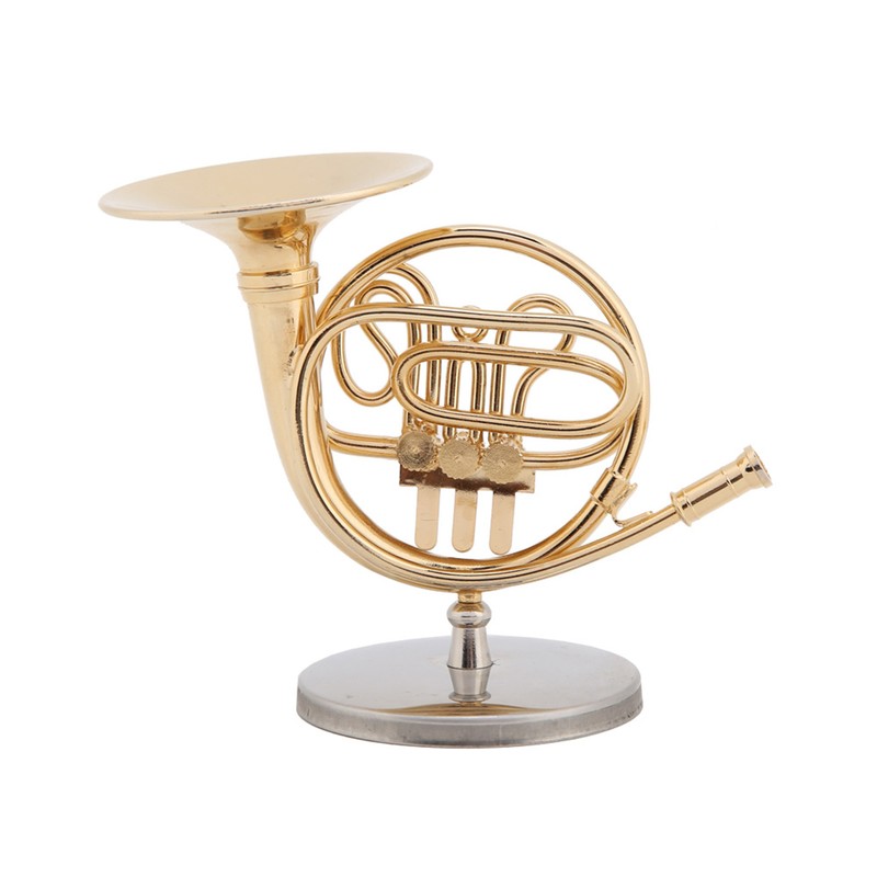4in Miniature Golden French Horn Replica with Stand Instrument Model