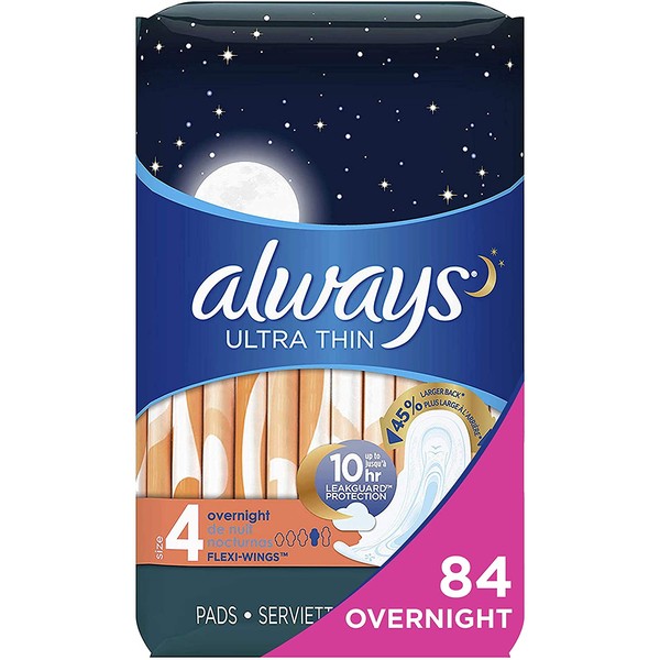 Always Ultra Thin Feminine Pads with Wings for Women, Size 4, 78 Count, Overnight Absorbency, Unscented, (26 count, Pack of 3 - 78 Count Total)