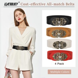 LEACOOLKEY 4 Pack Women Vintage Wide Waist Belt for Dress, Elastic Cinch Belt with Retro Interlocking Brass Buckle…