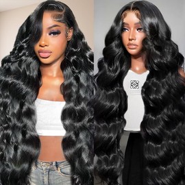 Gurdan 32 Inch 13x6 Lace Front Wigs Human Hair 200 Density Body Wave Lace Front Wigs Human Hair Pre Plucked With Baby Hair Natural Black HD Transparent Lace Frontal Wigs Glueless Wig