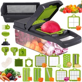 22 en 1 Picador de Verduras,Cortador de Verduras,Multifuncional Vegetable Slicer Cutter - 12 Cuchillas de Acero Inoxidable con Contenedor Cesta Coladora,Adecuado para Frutas Verduras y Ensaladas