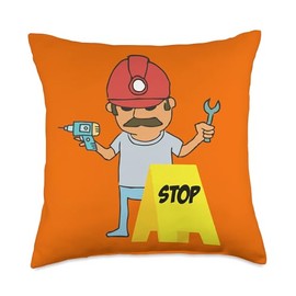 Funny construction worker - with a helmet, tool & stop sign! Throw Pillow