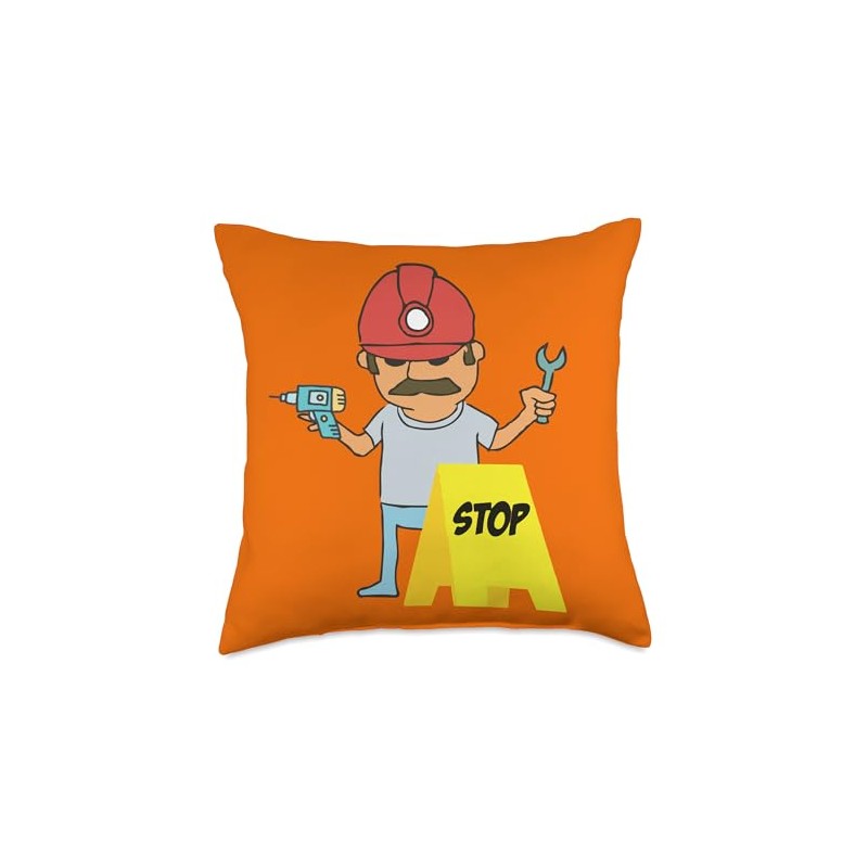 Funny construction worker - with a helmet, tool & stop