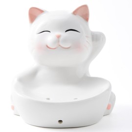 Ceramic Cat Soap Dish - Cute White Cat Soap Box for Bathroom, Wall-Mounted or Countertop Soap Holder | Decorative Bathroom Soap Dish with Drain Holes | Cat-Themed Bathroom Accessories