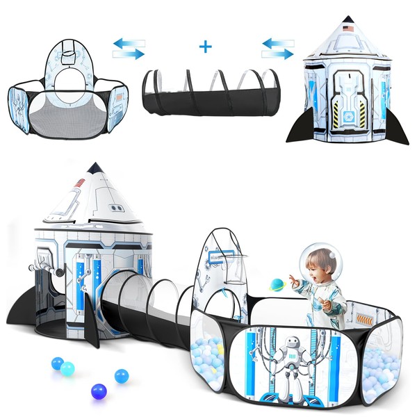 3 in 1 Kids Play Tent for Toddler - Baby Ball Pit+Toddler Tunnel+Spaceship Tent - Pop Up Kids Playhouse for Boys Girls Gift - Collapsible Children Tunnel Tent Toy Indoor Outdoor (3pcs Rocket Tent)