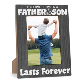 Wooden Photo Frame With Support From Son - The Love Between A Father & Son Lasts Forever - Rustic Tabletop Picture Frame Fits 4"x6" Photo With Gift Box - Father's Day Birthday Keepsake Gift - A07