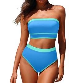 Yonique Bandeau Bikini de cintura alta para mujer, traje de baño de dos piezas, sin tirantes, Azul, Large