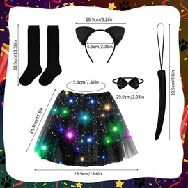 EKKONG Cat Costume Children Girls Pack of 5 Cat Costumes for Child Cat Costume Kids Fancy Dress Costume Cat Girl Tutu with LED Ears Tail Collar Over the Knee Socks Costume Cat