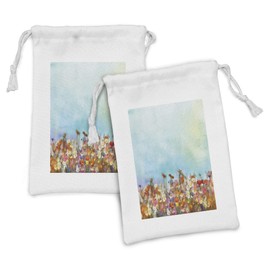 Ambesonne Flower Fabric Pouch Set of 2, Several Kind of Flower Beds in Sun Summer Season Aquarelle Technique Design Print, Small Drawstring Bag for Toiletries Masks and Favors, 9" x 6", Multicolor