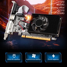 GT210 1G DDR3 Graphics Card, 1G DDR3 64 Bit Computer Graphics Card GPU Graphics with Cooling Fan Support VGA DVI HD Multimedia Interface