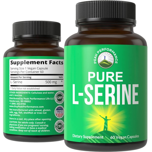 Peak Performance L-Serine Capsules 500mg Best Brain and Nootropic Amino Acids for Production of L-Cystine, L-Tryptophan and Serotonin. USA Grade L Serine Pills. Non-GMO Supplement (60 Servings)