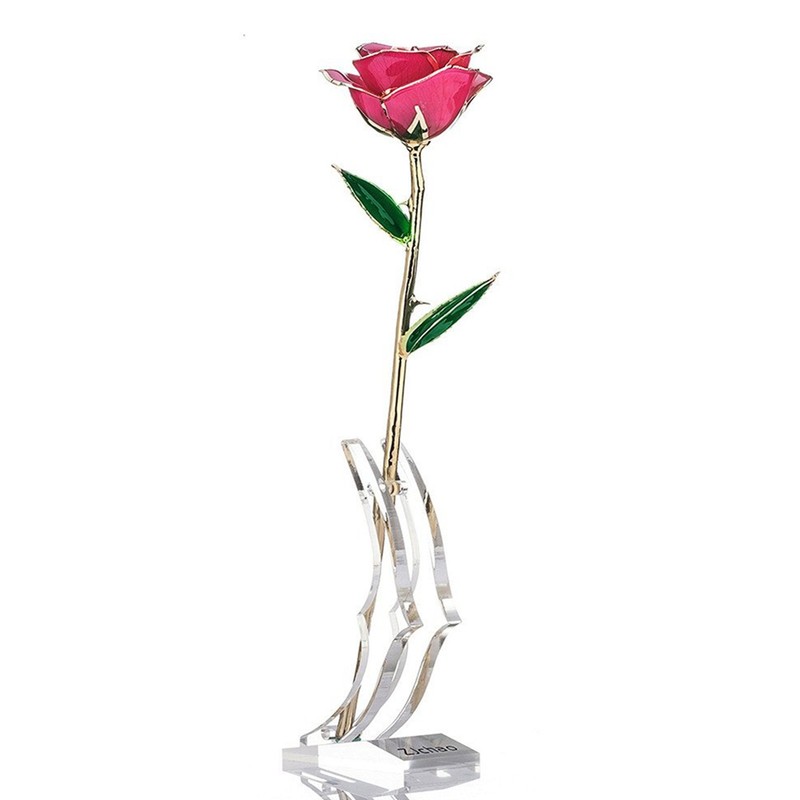 24K GoldPlated Rose Flower Pink Green Leaf for Valentine's Day