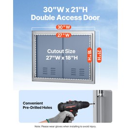 VEVOR Outdoor Kitchen Doors, 30W x 21H Inch, 304 Stainless Steel Double Doors with Vents, BBQ Access Door with 2 Detachable Handles, for BBQ Island