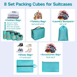 Packing Cubes for Travel, 8 Set Packing Cubes for Suitcases, Breathable Mesh Luggage Packing Organizers for Clothes Toiletries Shoes, Travel Essentials for Carry On Suitcase (Green)