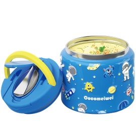 CocoMeiwei 11.8 oz Thermo for Hot Food, Soup Thermo Stainless Steel, Hot Food Container with Fold-up Spoon, Flip Open Lid School Insulated Food Jar, Keep Hot & Cold for Work, Blue-Astronauts