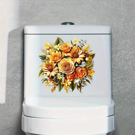 Charming Yellow Floral Bouquet Toilet Cover Sticker Decals,Fish Bird Flower Leaf Waterproof Toilet Lid Tank Seat Decals Cistern Self-Adhesive Bathroom Wall Sticker
