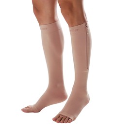 Doc Miller Zipper Compression Socks 15-20mmHg Open Toe Stockings for Women and Men - Knee High Support Hose for Swelling, Circulation, Travel, and Everyday Use, Pair (Beige, Large)