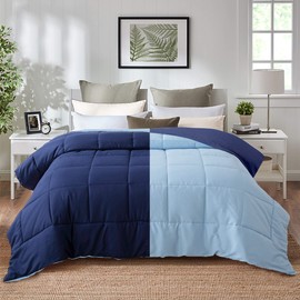 EVOLIVE All Season Pre Washed Soft Microfiber Down Alternative Reversible Comforter with Box Stitching (Navy/Light Blue, Full/Queen)