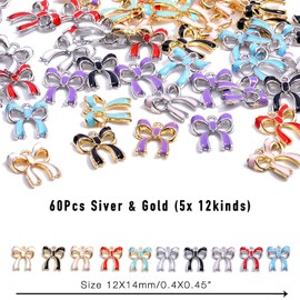 stino 60PCs Metal Enamel & Rhinestone Bow Charms for Jewelry Making, Gold Silver Bow Charms for Bracelets Keychains (Enamel)