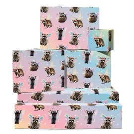 Fairy Wrapping Paper Birthday - 6 Sheets Of Eco-friendly Gift Wrap With Tags - Fairy Raccoons - Pastel Wrapping Paper Ombre - Recyclable - By Central 23