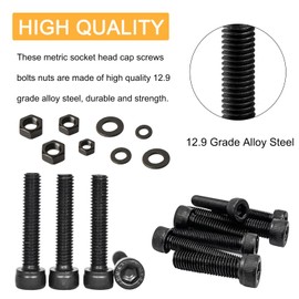 KYVIAUM 1050PCS M2 M3 M4 Socket Head Cap Screws Bolts Nuts Washers Assortment Kit, 12.9 Grade Alloy Steel Metric Screw Nuts and Bolts Washers Set with Hex Wrench, Black