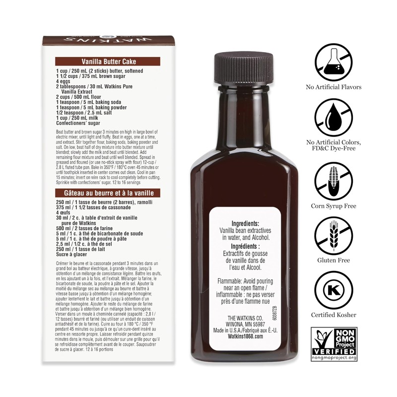 Watkins Pure Vanilla Extract, with Madagascar Vanilla Beans, Non-GMO, Kosher,