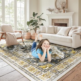 BESTSWEETIE Boho Vintage Area Rug, 6x9, Grey/Brown, Chenille, Machine Made, Non-Pile, Washable, Indoor, Distressed, Floral, Living Room