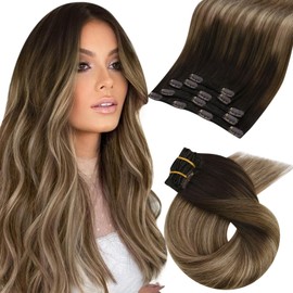 Moresoo Clip in Hair Extensions Real Human Hair Ombre Hair Extensions Clip in Dark Brown to Light Brown with Golden Blonde Human Hair 16 inch 5 Pcs/80G #4/10/16