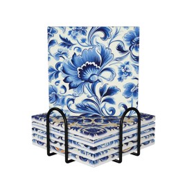 Coasters Set of 6, Coasters for Drinks Absorbent Stone with Holder, Blue and White Flower Ceramic Drink Coaster for Tabletop Protection, Coffee Table Decor Ideal for Home Decor House Warming Gifts
