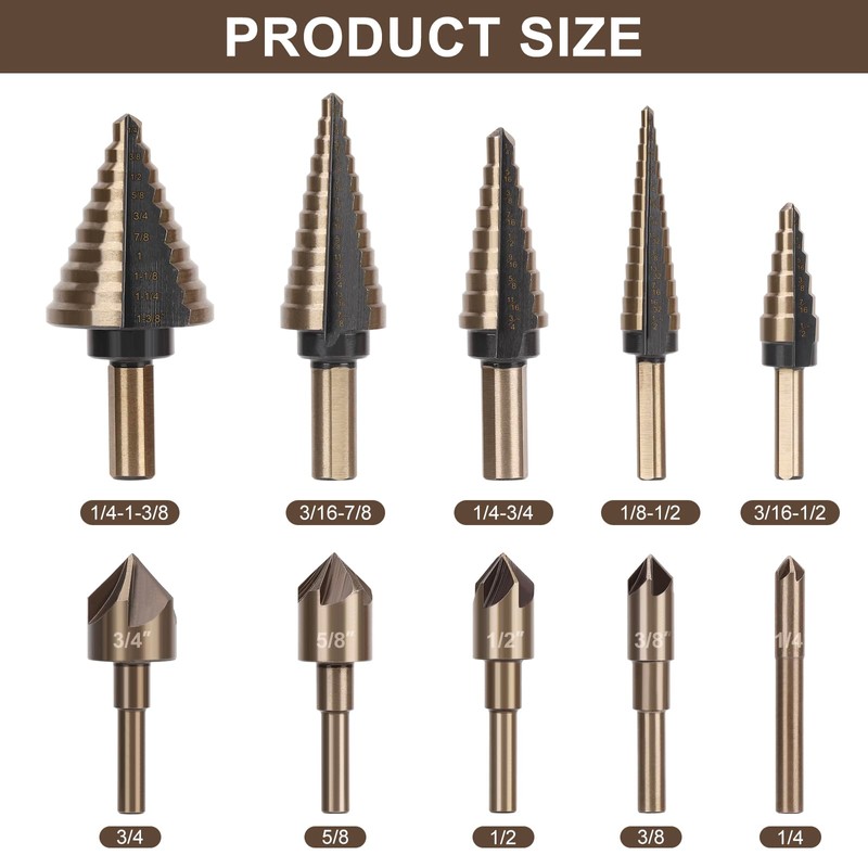 5 Pcs Step Drill Bit & 5 Pcs Countersink Drill
