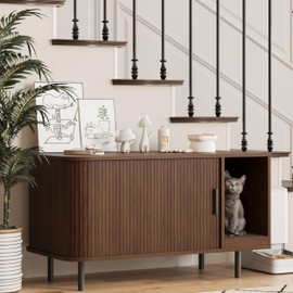 Halitaa Cat Litter Box Enclosure with Cat Scratch Pad, Sliding Door, 37.4" Litter Box Enclosure Furniture Hidden Litter Box, Modern Indoor Cat House, TV Stand, Side End Table for Living Room, Walnut