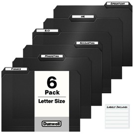 Dunwell Plastic Black 3-Tab Folders, (6 Pack), Sturdy 1/3 Tab File Folders for 8.5x11 Documents, Plastic Manila Filing Sleeves, Acid-Free Poly, Includes Labels
