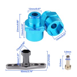 Rchobbytop 4-Pack Aluminum Alloy 12mm to 17mm Wheel Hex Hub Adapter 15mm Extension Conversion and Socket Wrench for 1/10 RC Car Upgrade to 1/8 Wheels, Blue