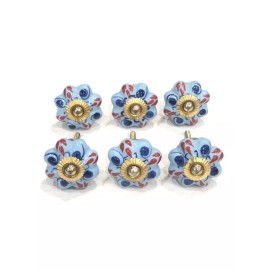 Zenda Imports Blue & Red Artistic Ceramic Knob Handle 6 Pcs Kitchen Cabinet Drawer Handles
