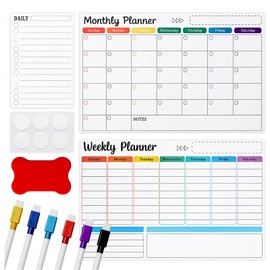 GROWNEER 3-Pack Magnetic Dry Erase Calendar Whiteboard Set – Monthly, Weekly & Daily Planners for Fridge or Wall – Includes 6 Markers, 1 Eraser & 12 Round Double-Sided Stickers