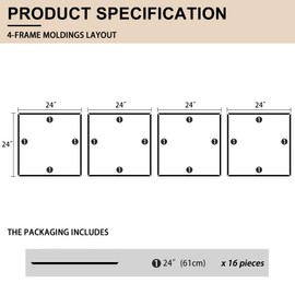 Hungbak 4 Set of 24" x 24" Pre-Cut Accent Wall Molding Trim Kit, Peel and Stick Premade Wainscoting Panels for Interior Decoration, Ready to Assemble Chair Rail Moulding
