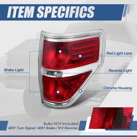 Auto Dynasty Tail Lights Compatible with 2009-2014 Ford F-150 Fleetside Bed Rear Brake Lamps, Passenger Right Side, Chrome Trim Red Lens