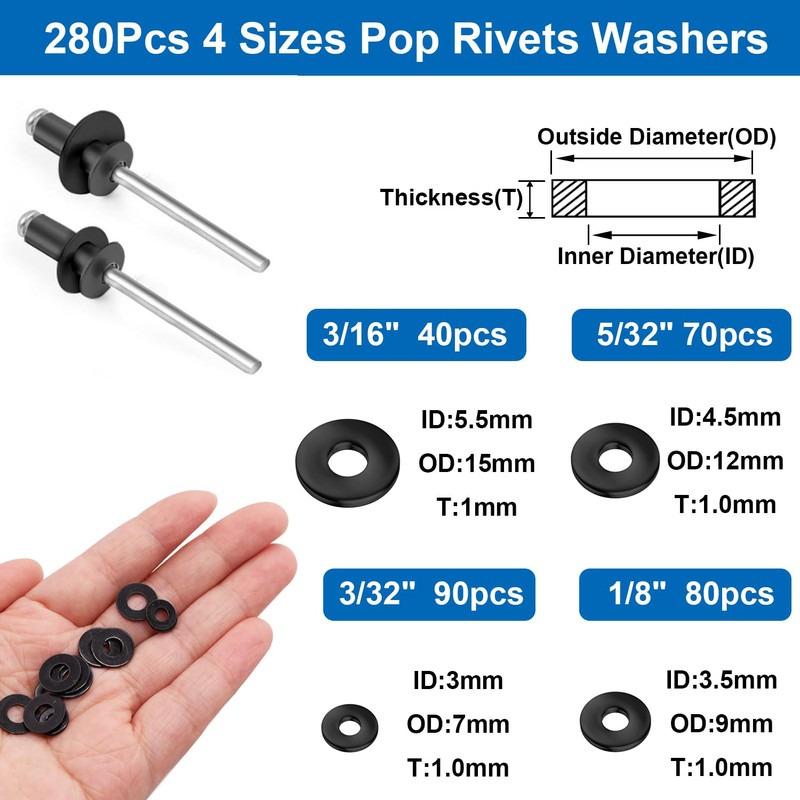 smseace 780Pcs Black Aluminum Pop Rivets with Washers Assortment Kit
