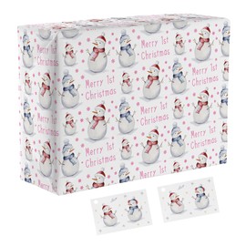 Hunts England - 2 Sheets Of Baby Girl 1st Christmas Snowman Fun Wrapping Paper - For Baby Girl - Pink - Includes 2 Gift Tags - Festive Collection - 1st Christmas With New Baby Girl - Cute Snowman