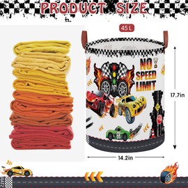 Race Car Round Waterproof laundry basket,Fire Decor for Boys Room,Kids Toy Box Storage,Sports Nursery Hamper,Foldable Fabric Basket,Clothes or Plush Toy Gift Basket