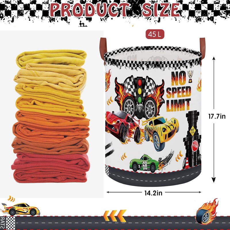 Race Car Round Waterproof laundry basket,Fire Decor for Boys Room,Kids