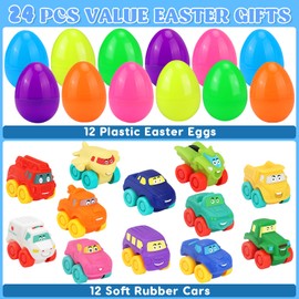 Prefilled Easter Eggs with Toy Cars: 12Pcs Filled Easter Eggs with Soft Rubber Car Toys, Easter Basket Stuffers for Baby Toddlers Kids Bath Toys Vehicles, Easter Eggs Fillers Hunts Party Favors Gifts