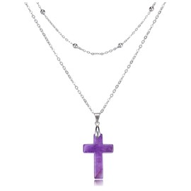 Jovivi Amethyst Crystal Cross Necklace for Women Natural Healing Crystal Stone Cross Gemstone Pendant Necklace with Adjustable 18" Stainless Steel Layered Chain