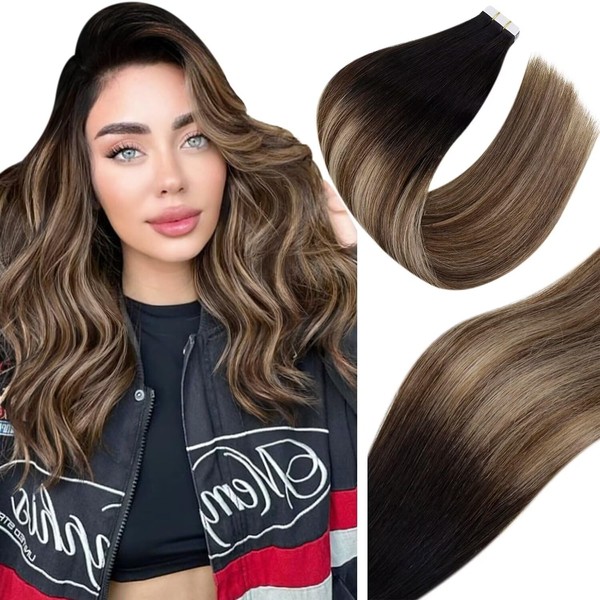 Vivien Tape Extensions, Real Hair Ombre, Black Extensions, Tape-In Hair Extensions, Natural Black, Balayage, Dark Brown, Blonde #1B/4/27 Real Hair Tape-In Extensions, 40 cm, 25 g, 10 Pieces