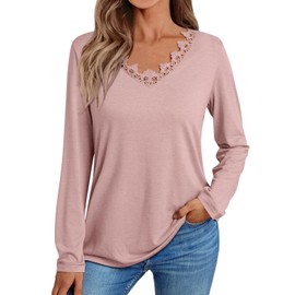AUTOMET Long Sleeve Shirts for Women 2025 Fall Fashion Lace V Neck Loose Fit Casual Tops Trendy T Shirts Outfits Clothes Pink M
