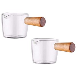 Xuzxinze 2PCS Transparent Glass Creamer with Wooden Handle, Mini Coffee Milk Creamer Pitcher. 100Ml