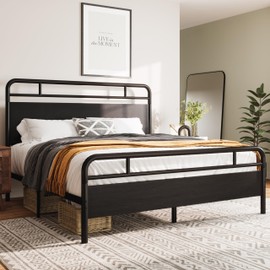 Allewie Queen Size Platform Bed Frame with Wooden Headboard and Footboard, Heavy Duty 13 Metal Slats Support, Under-Bed Storage, No Box Spring Needed, Noise Free, Easy Assembly, Black Oak
