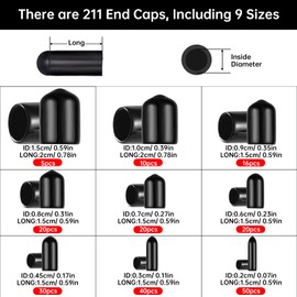 Ysimple 211pcs Rubber end Caps - Vinyl Round Tube Bolt Cap 9 Different Sizes, Black Vinyl Cover Screw Thread, Vinyl Tube Flexible Pipe Post Bolt Cap, Vinyl Round end Caps Comes With Box