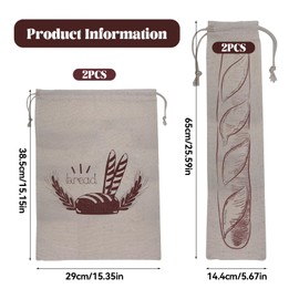 AIMEKE Pack of 4 Bread Bags, Linen Bread Bags with Drawstring, Keep Fresh Bread Bag, Reusable for Breads and Baked Goods of All Types (29 × 38.5 cm / 14.4 × 65 cm)
